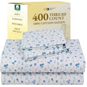 Queen White and Blue Floral Sheet Set OEKO-TEX®